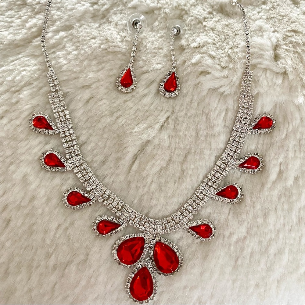 SOLD!! Red Gem Necklace Set Earrings Bundle Silver Style Luxury Rhinestones